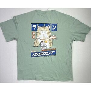 Aelfric Eden T Shirt Green XL Harajuku Cat Eating Ramen Graphic